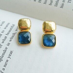 NEW Julie Vos Catalin Gold Chalcedony Blue Earrings